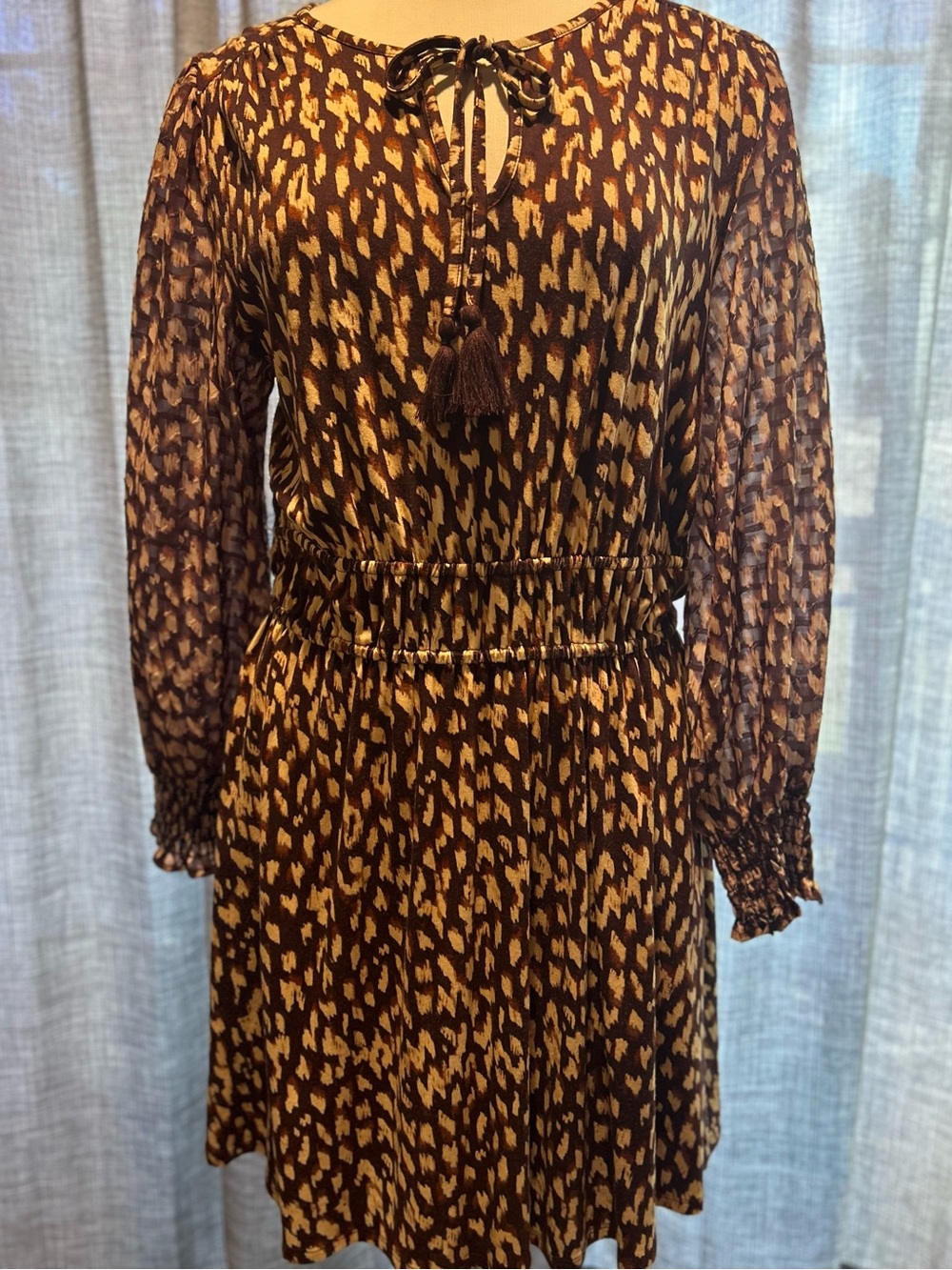 Cupio Brown & Tan Printed Long-Sleeve Smocked Waist Dress